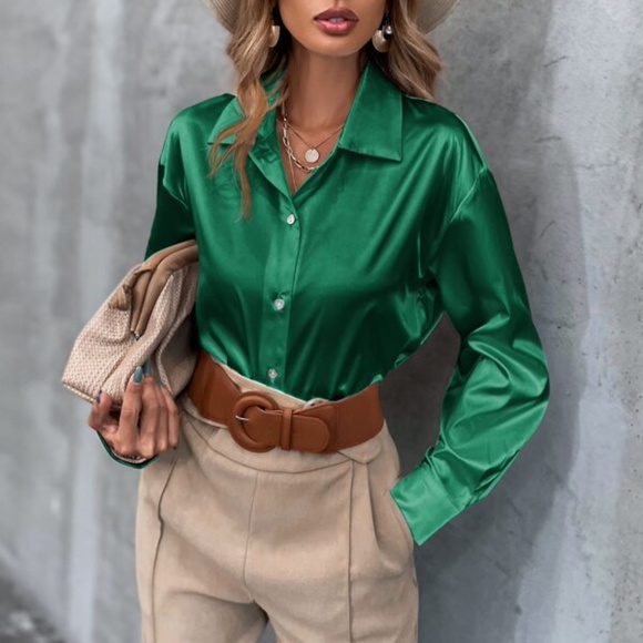 Black Classic button up Satin Boyfriend Work Top Minimalist - Picture 10 of 16